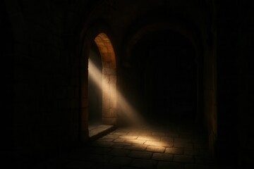 A solitary beam of light illuminates the dark passageway of a medieval castle, casting long shadows and highlighting the ancient stonework