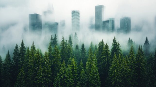 Misty city skyline above dense forest