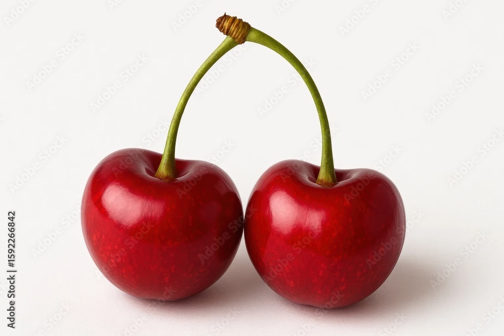 Poster a simple yet striking composition of two red cherries with green stems, symbolizing unity and balanc