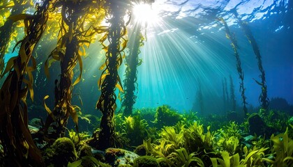 Underwater kelp forest, sunbeams through the water