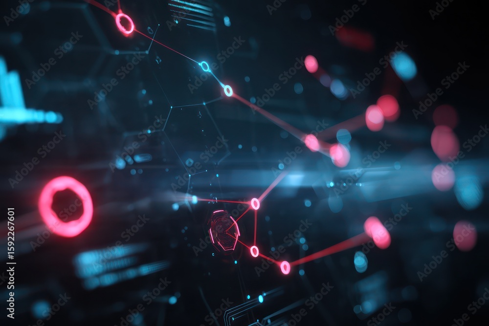 Poster Abstract network visualization with red and blue glowing nodes connected by lines on a dark background