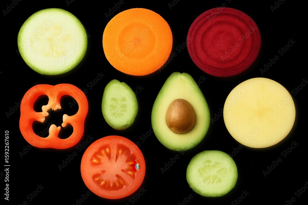 Poster a vibrant array of fresh vegetables in various stages of preparation, showcasing a spectrum of color