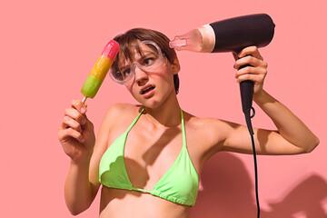 Confused woman melting rainbow popsicle with hairdryer wearing green bikini and goggles. Concept of...