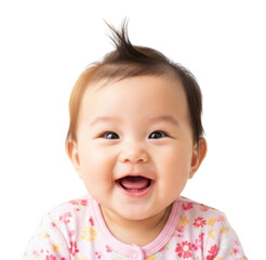 Joyful baby girl with a playful hairstyle smiling brightly in a pink floral outfit cutout isolated on transparent bg, png