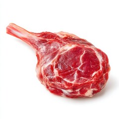 Fototapeta premium Fresh Raw Tomahawk Steak Isolated on White Background, Delicious Red Meat with Bone, Gourmet Food, Butcher's Cut, Ready for Grilling or Roasting