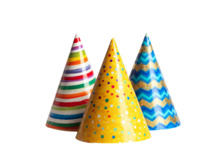 Colorful festive party hats with assorted patterns and designs celebration, Isolated, Transparent Png