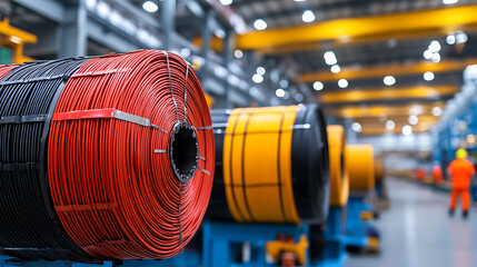 Obraz premium Large industrial metal cable coils in factory, arranged in a row. Red and yellow coils. Manufacturing, production, industry, and factory concepts.