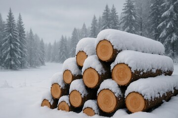 Amidst a serene winter wonderland, a hefty pile of freshly cut logs stands as a testament to the relentless cycle of nature and human endeavor