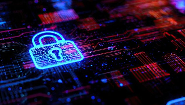 Cybersecurity circuit board with lock - Powered by Adobe