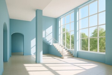 A serene blue room with large windows allowing natural light to flood in, creating a calm and inviting atmosphere