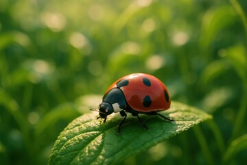 Amidst the verdant embrace of nature, a ladybug finds solace on a leaf, its vibrant red shell and black spots standing out against the soft green hues