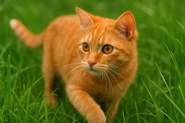A ginger cat with striking yellow eyes stalks through a lush green lawn, its whiskers twitching in anticipation