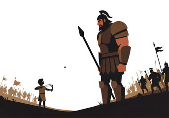 A modern illustration of the biblical story of David and Goliath. The small shepherd boy bravely faces the giant warrior on the battlefield, symbolizing faith, courage, and overcoming impossible odds.