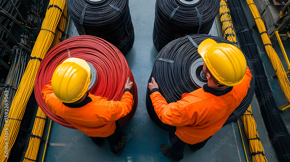 Poster workers handling wire spools in a factory. the image showcases industrial work, safety protocols, an