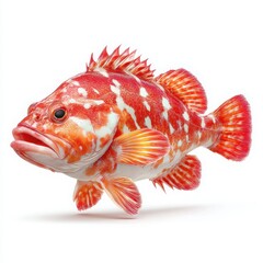 Fototapeta premium Striking Red and White Spotted Grouper Fish Isolated on White Background, Close-Up Studio Shot, Marine Wildlife, Underwater Creature, Seafood