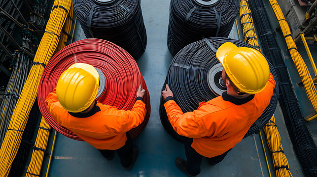 Workers handling wire spools in a factory. The image showcases industrial work, safety protocols, and material handling.