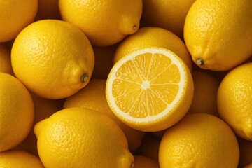 A vibrant array of lemons, their bright yellow skins glistening under the light, with a single slice revealing its juicy interior