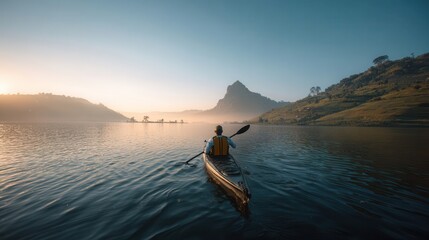 Person kayaking on a serene lake at sunrise.