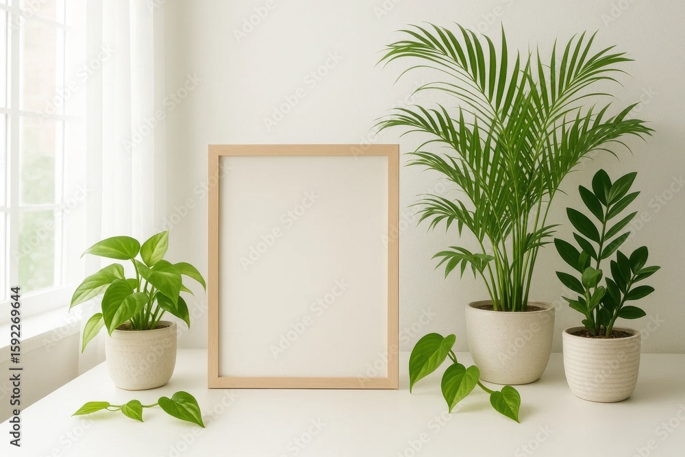Poster a serene indoor setting with a blank canvas framed by two potted plants on either side of a window
