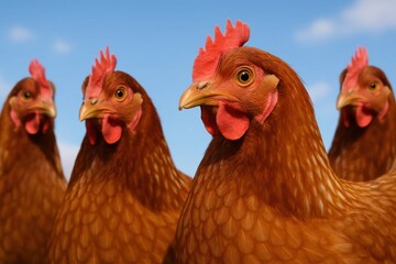 Fototapeta premium A quartet of chickens gazes intently into the distance, their vibrant red combs standing out against a serene blue sky
