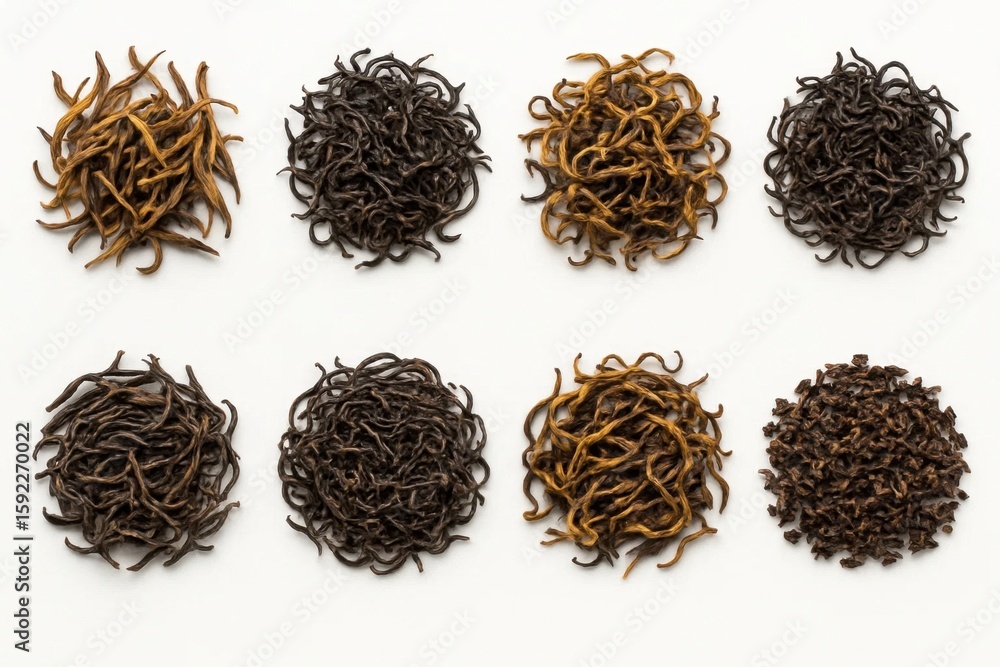 Aufkleber a collection of six distinctly colored tea leaves, each with a unique curl pattern, arranged in two 