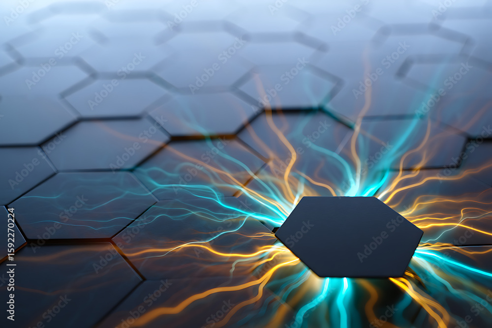 Poster a network of hexagonal tiles is energized by blue and orange lightning, symbolizing power and connec