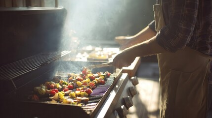 Colorful vegetable skewers grilling on a barbecue.