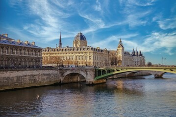 Paris, the Notre-Dame bridge, and the Conciergerie on the ile de la Cité 
