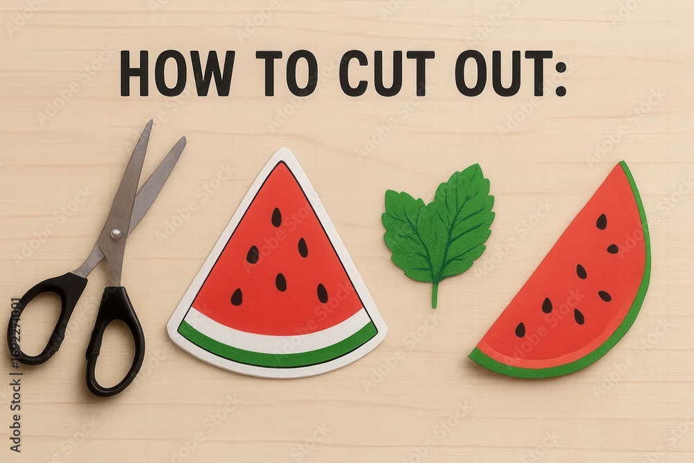 Poster a step-by-step guide to creating realistic watermelon pieces with scissors and leafs