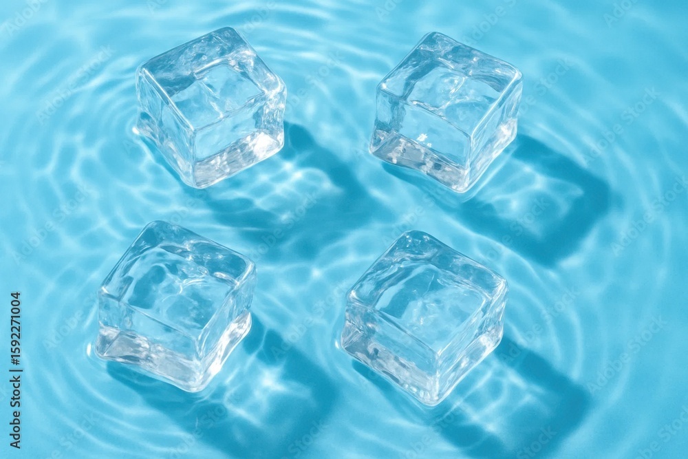 Poster ice cubes floating in a serene blue water, creating a tranquil scene of refreshment