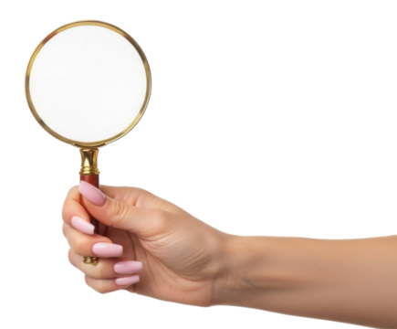 Hand holding a gold magnifying glass with a blank lens, cutout isolated on transparent bg, png