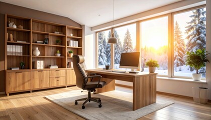 Modern home office with winter views