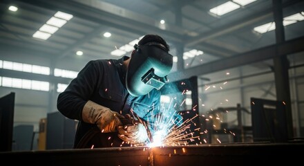 A man welding in a large, industrial warehouse. The welding process is creating sparks and smoke.