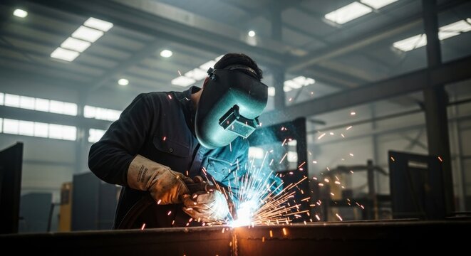 A man welding in a large, industrial warehouse. The welding process is creating sparks and smoke.