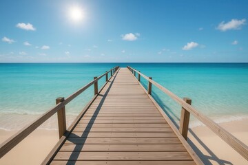 Obraz premium A Quiet Pier Leads to a Tranquil Sea Under the Radiant Sun