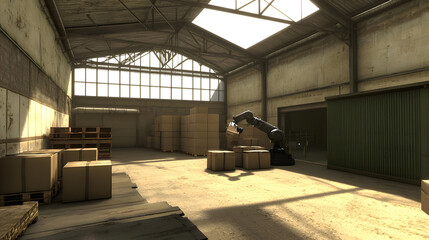 Industrial warehouse interior, filled with cardboard boxes and a robotic arm, under a large metal roof. Sunlight streams through large windows