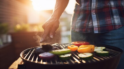 Person seasoning food on a grill outdoors.