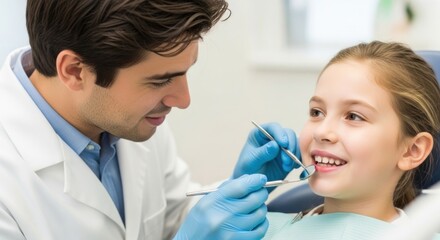 Obraz premium A dentist examining a young girl's teeth in a dental office.