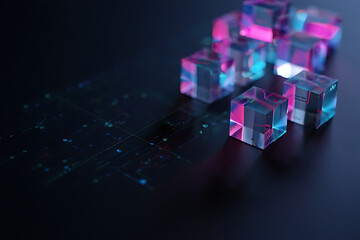 A cluster of translucent cubes with neon pink and blue lights creates an abstract and futuristic geometric design