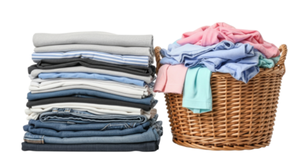 Neatly stacked folded clothes next to wicker basket full of assorted laundry cutout isolated on transparent bg, png