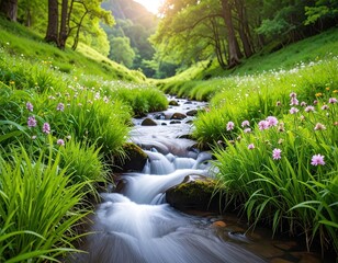 Lush stream flowing through a meadow