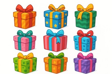 A delightful array of colorful gift boxes, each adorned with a vibrant ribbon and bow, ready to bring joy on any occasion
