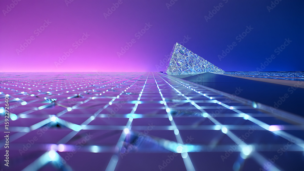 Poster a futuristic landscape with a neon grid and a glowing pyramid creates an abstract and technological 
