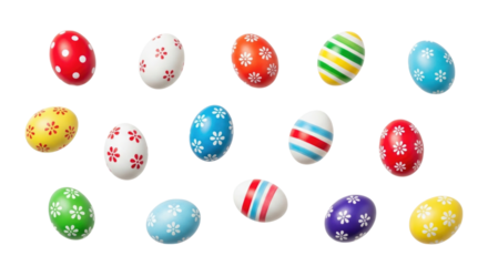 Colorful decorated eggs arranged in a creative pattern, cutout isolated on transparent bg, png