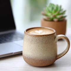 A perfect latte on a white oak desk in soft morning light. A cozy and sophisticated visual for a work-from-home or morning routine concept.