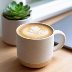 A perfect latte on a white oak desk in soft morning light. A cozy and sophisticated visual for a work-from-home or morning routine concept.