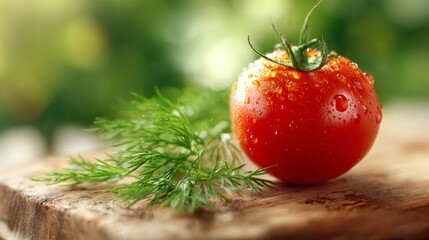 An heirloom tomato with dewdrops and dill, beautiful soft lighting. A minimalist and vibrant macro shot perfect for food blogs or menus.