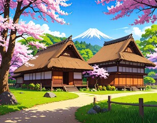 Japanese village in spring blossoms