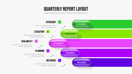 Investor Launch Frame Template Vector Illustration. Professional Strategy 5 Step Infographic Presentation Layout. Financial Briefing Five Element Diagram Slideshow Design.