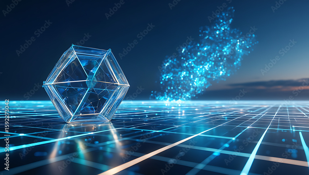 Poster a futuristic abstract background depicts a crystal cube on a digital grid with a glowing particle cl